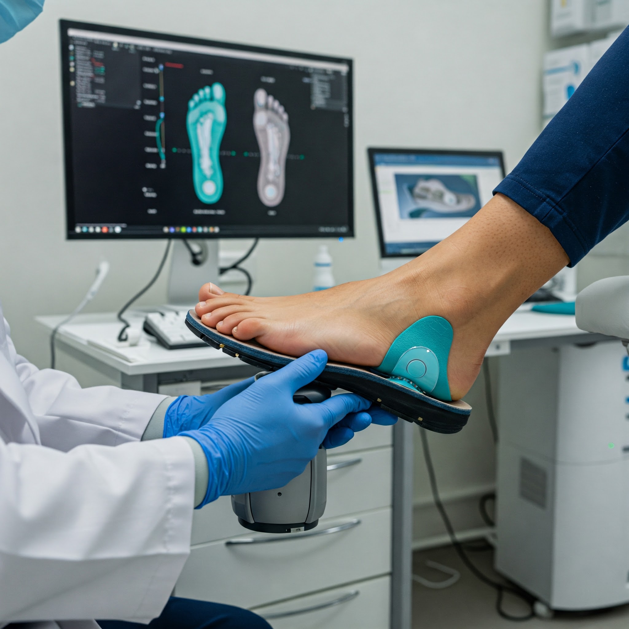 flat foot treatment with foot pressure scan and custom made insole and medical shoes